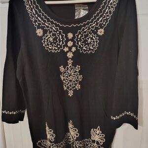 NWT WNS Quacker Factory Elegant Black Embroidered Women's Top Sz Med